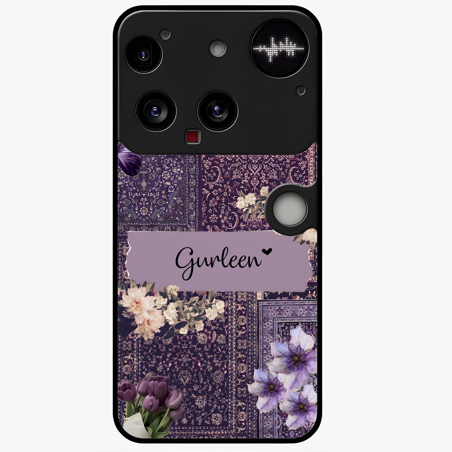 Antique Floral Whisper Custom Name Glass Case showing flat back view with vintage floral artwork and personalized name design.