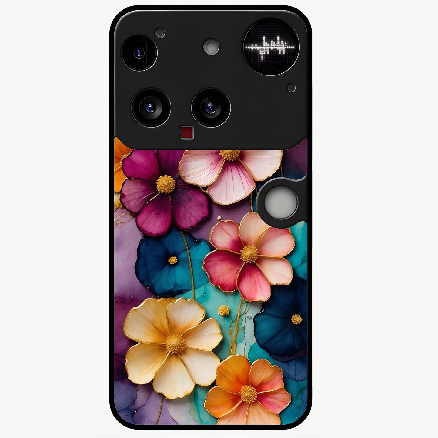 Artlyn Grace Flower Pattern Glass Case showing flat back view with elegant floral pattern artwork and glossy glass finish.