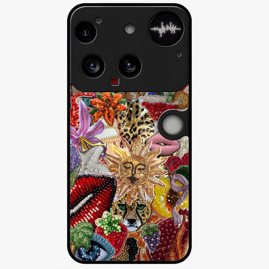Beaded Fashion Jungle Glass Case showing flat back view with vibrant jungle inspired bead artwork and glossy glass finish.