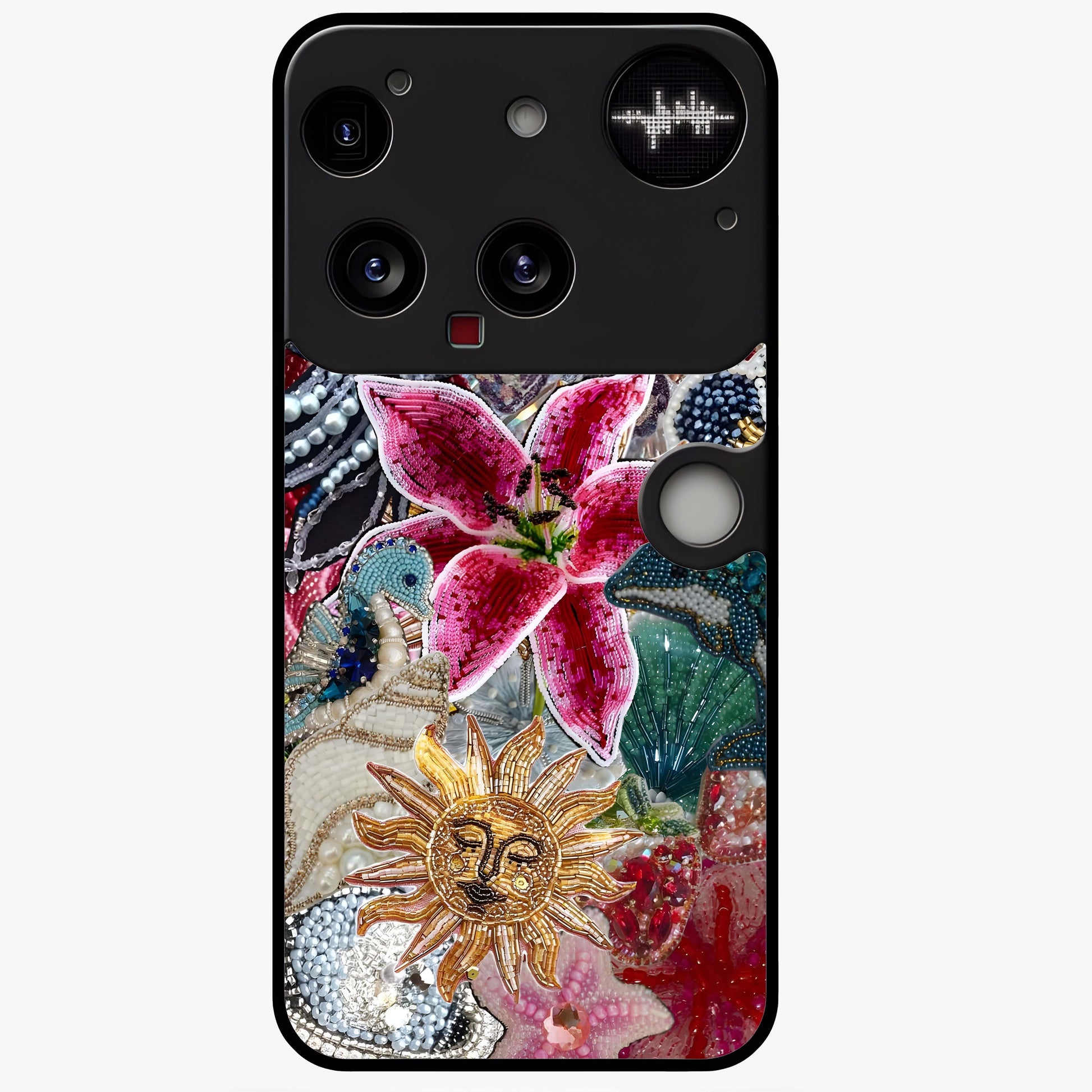 Beaded Garden Fantasy Glass Case showing flat back view with dreamy garden bead artwork and glossy glass finish.