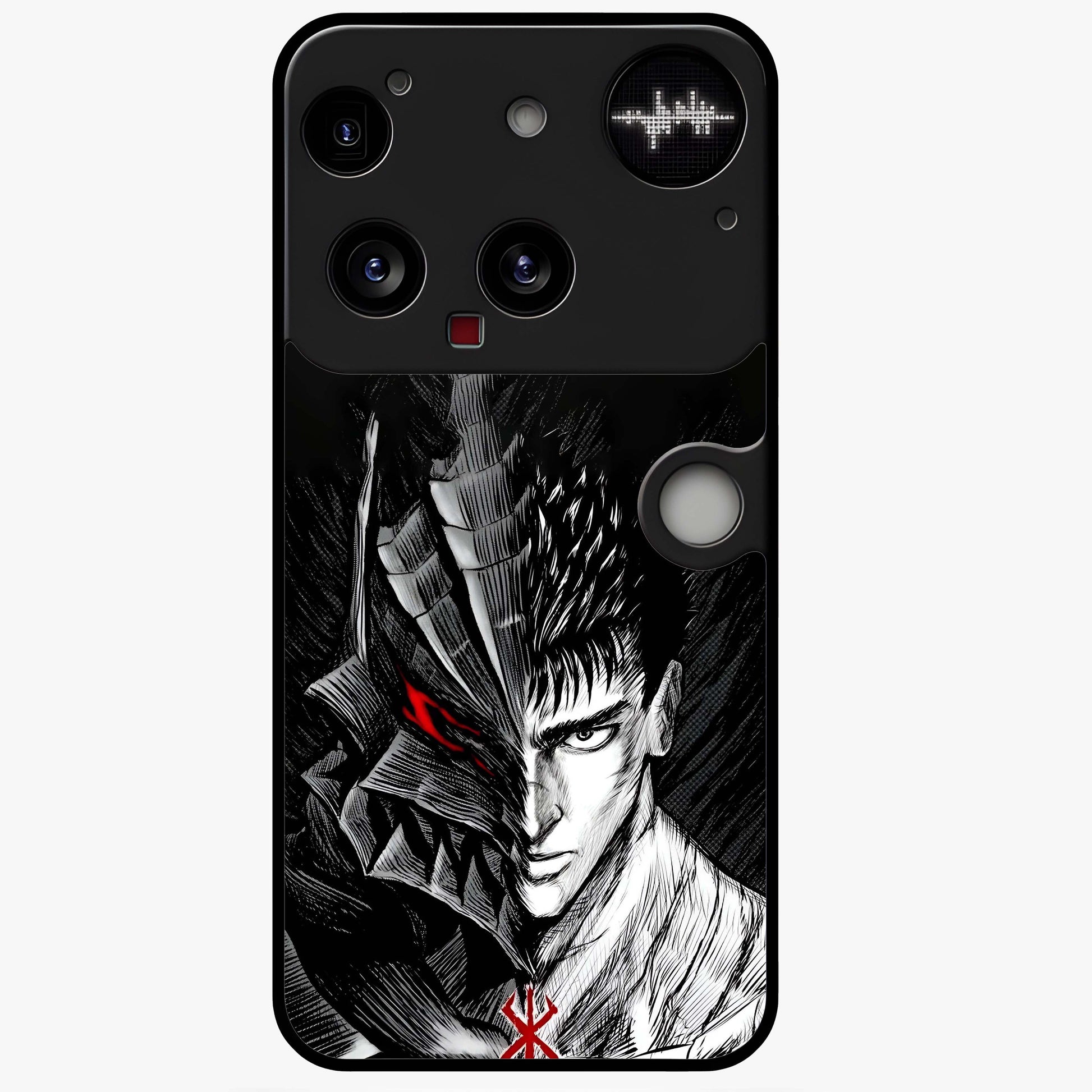 Berserker Blood Oath Glass Case showing flat back view with fierce warrior inspired artwork and glossy glass finish.