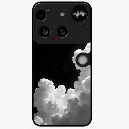 Black Background With White Cloud Glass Case showing flat back view with minimal cloud artwork on dark background and glossy glass finish.