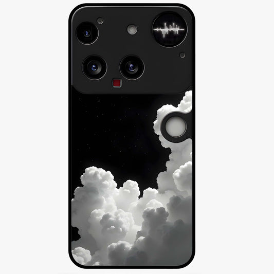 Black Background With White Cloud Glass Case showing flat back view with minimal cloud artwork on dark background and glossy glass finish.