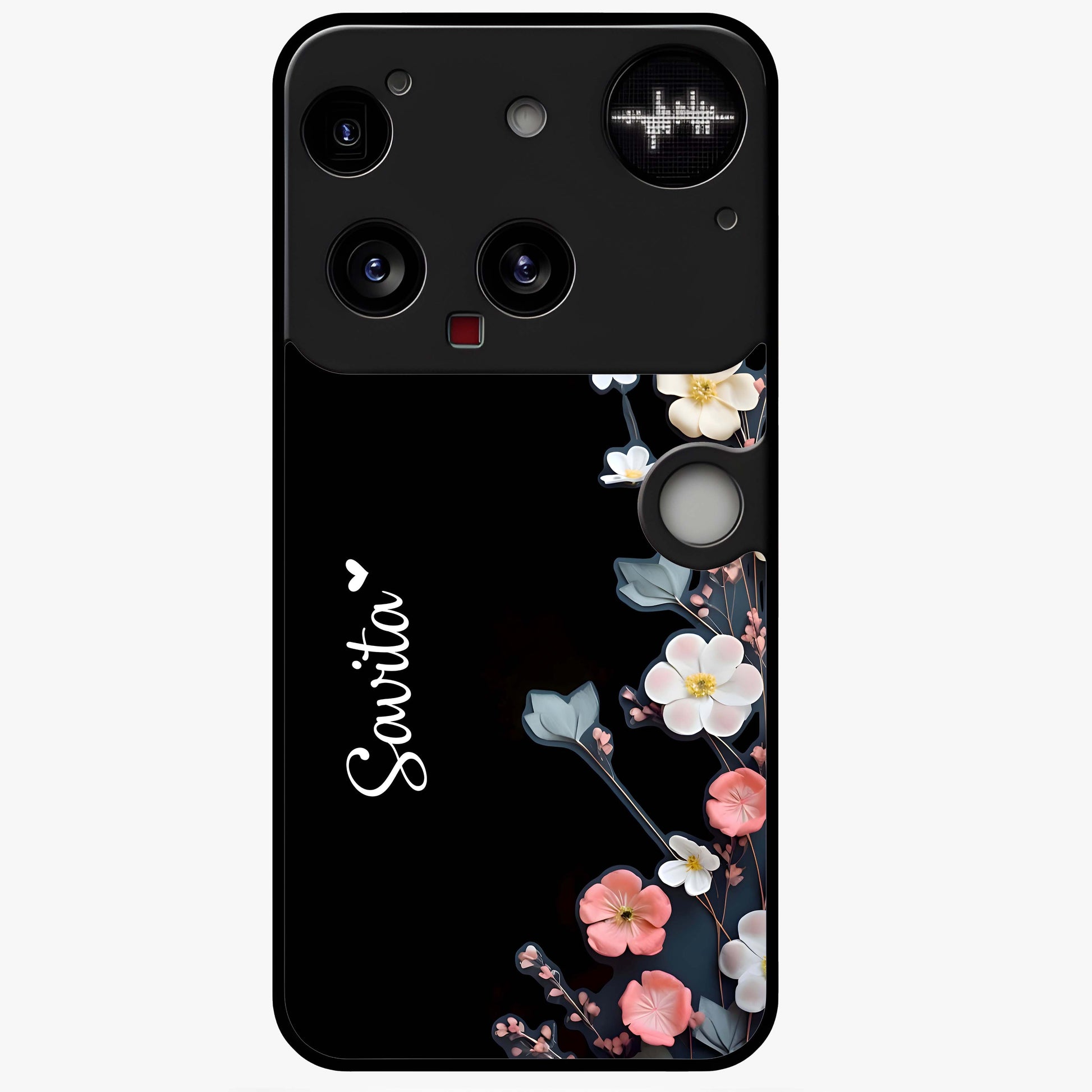 Black Elegance Floral Custom Name Glass Case showing flat back view with elegant floral artwork and personalized name design.