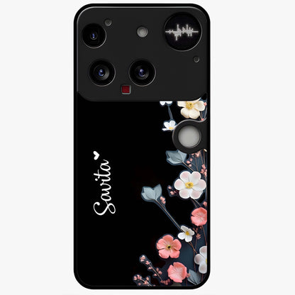 Black Elegance Floral Custom Name Glass Case showing flat back view with elegant floral artwork and personalized name design.