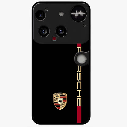 Black Minimal Porsche Glass Case showing flat back view with sleek minimal sports car artwork and glossy glass finish.