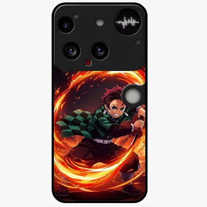 Blazing Sword Resolve Glass Case showing flat back view with fiery sword artwork and glossy glass finish.