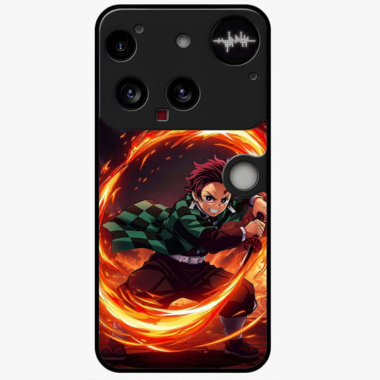 Blazing Sword Resolve Glass Case showing flat back view with fiery sword artwork and glossy glass finish.
