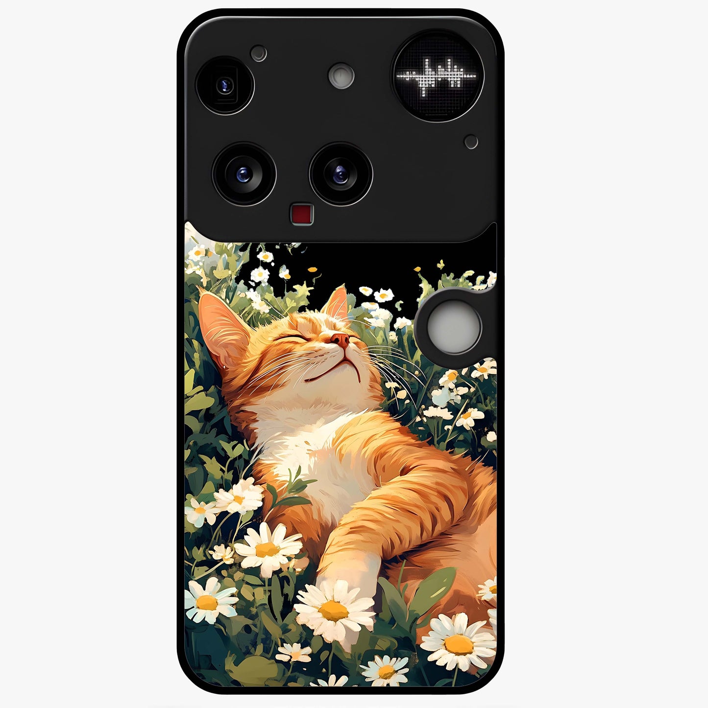 Blissful Bloom Cat Glass Case showing flat back view with cute cat and floral bloom artwork and glossy glass finish.