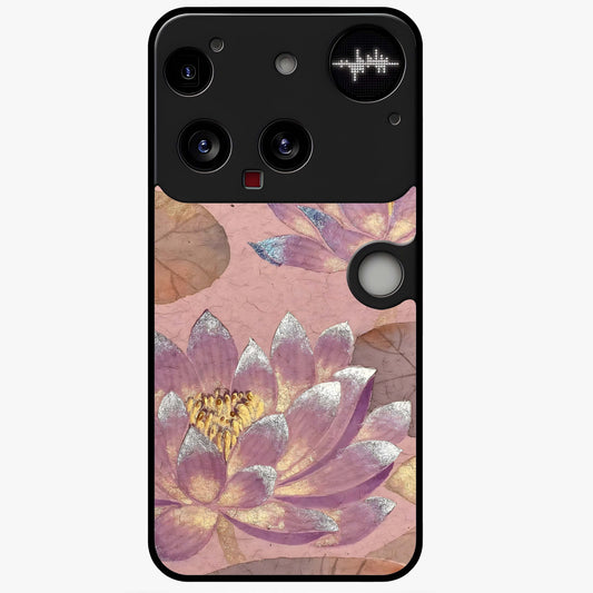 Blossom Mist Lotus Glass Case showing flat back view with serene lotus blossom artwork and glossy glass finish.