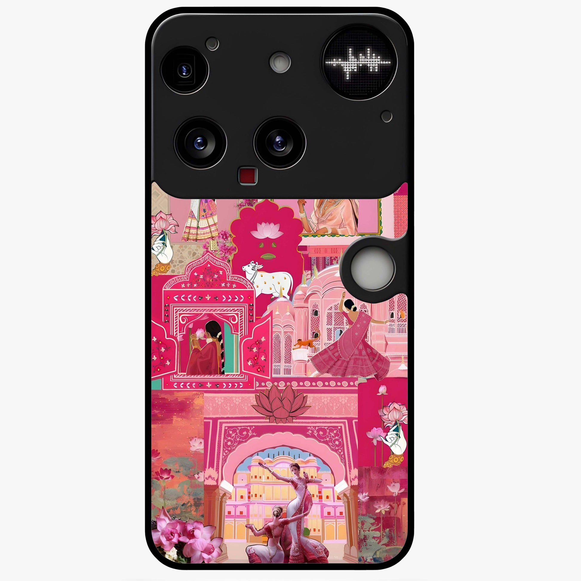 Blossoms of Rajasthan Glass Case showing flat back view with traditional floral artwork inspired by Rajasthan and glossy glass finish.