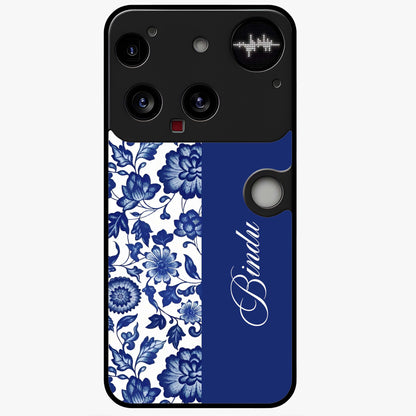 Blue Vintage Floral Pattern Glass Case upright view showcasing timeless floral illustration with vintage inspired style.