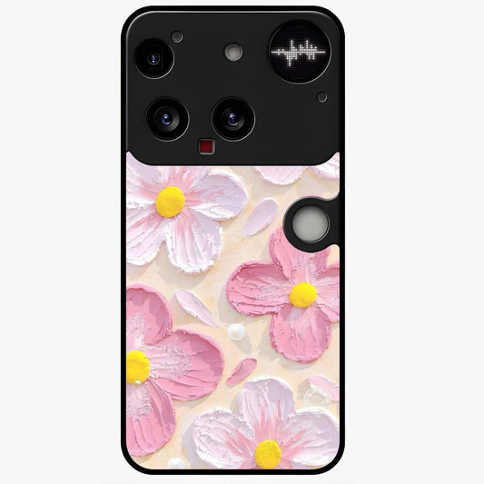 Blush Bloom Texture Glass Case showing flat back view with soft blush floral texture artwork and glossy glass finish.