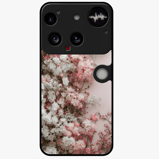 Blush Blossom Cloud Glass Case showing flat back view with dreamy blush cloud blossom artwork and glossy glass finish.