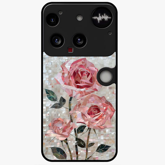 Blush Mosaic Bloom Glass Case showing flat back view with mosaic floral bloom artwork and glossy glass finish.