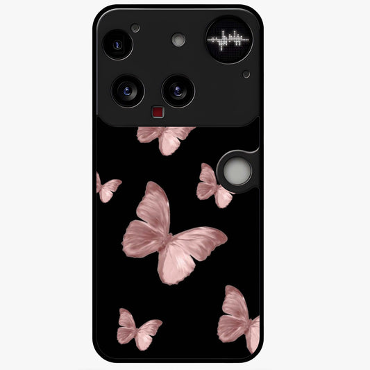Butterfly Pattern Glass Case showing flat back view with elegant butterfly pattern artwork and glossy glass finish.