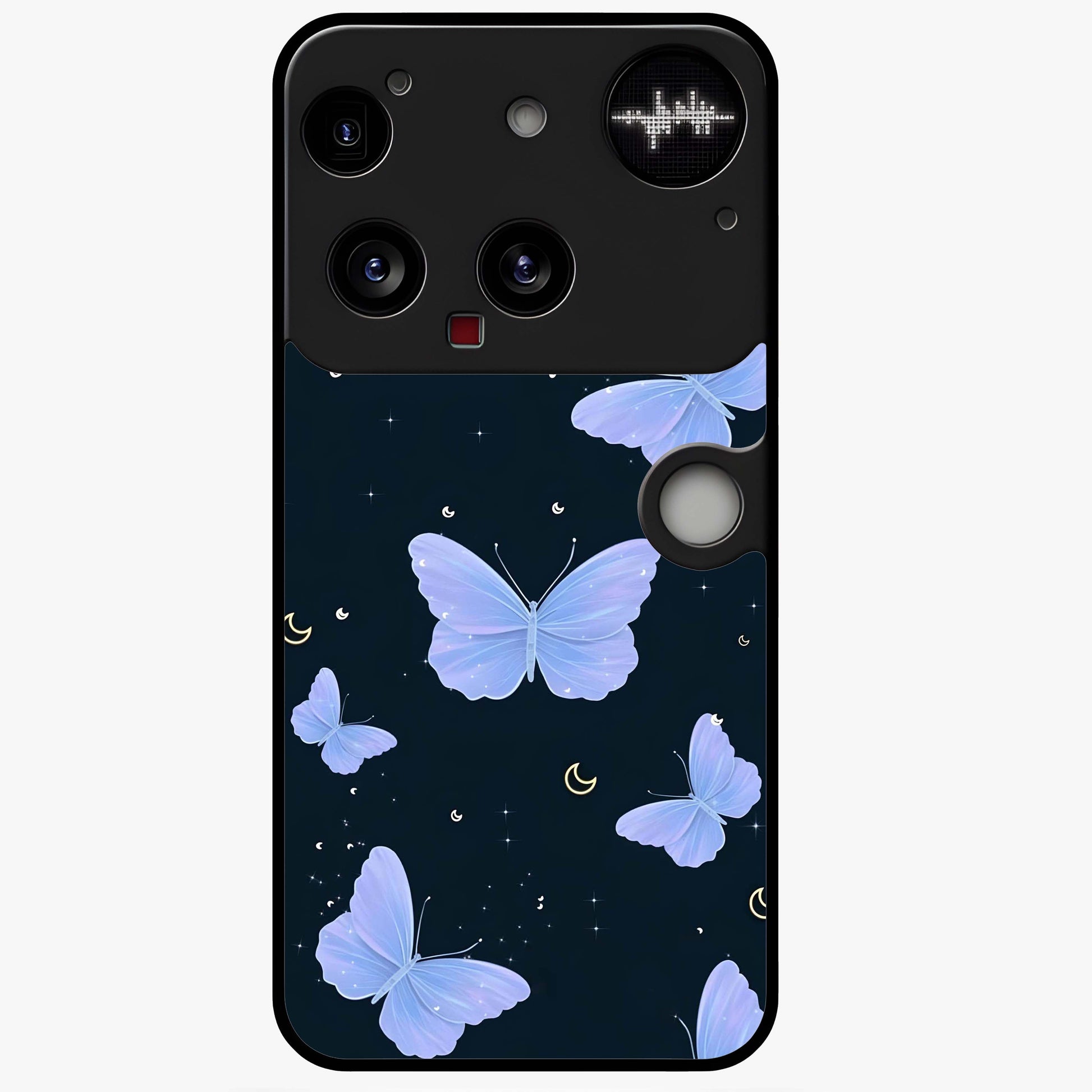 Butterfly With Stars Pattern Glass Case showing flat back view with butterfly and star pattern artwork and glossy glass finish.