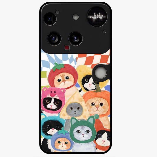 Cats in Fruits Glass Case showing flat back view with playful cat illustrations inside fruit artwork and glossy glass finish.