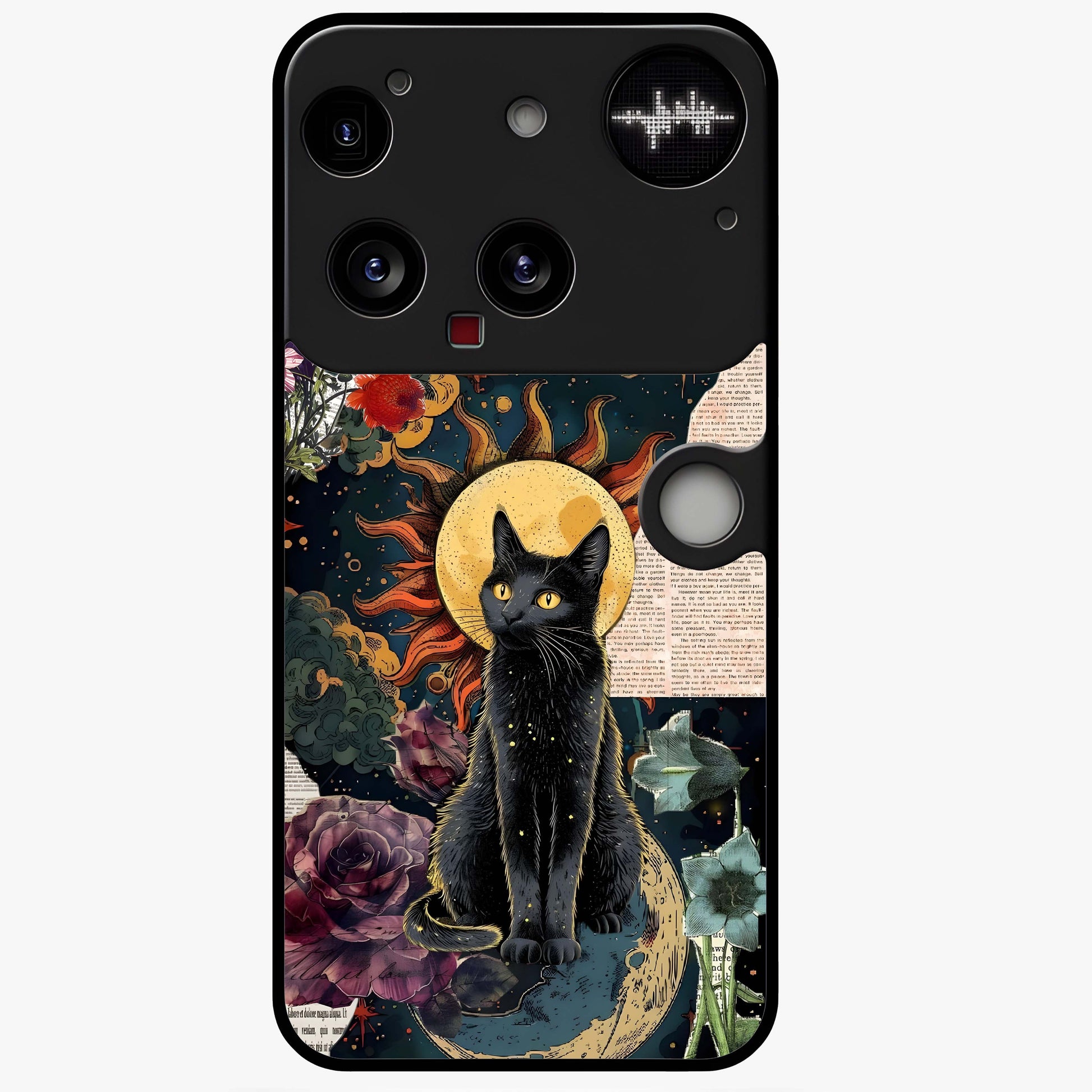 Celestial Black Cat Glass Case showing flat back view with mystical black cat artwork and glossy glass finish.
