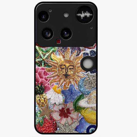 Celestial Floral and Playful Glass Case showing flat back view with floral and celestial themed artwork and glossy glass finish.