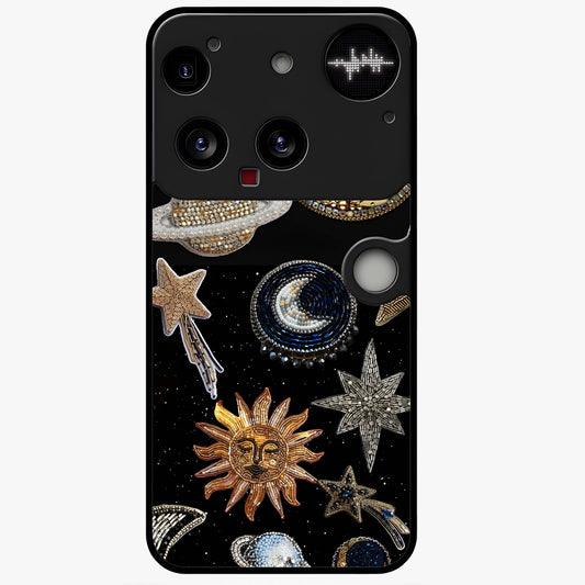 Celestial Gem Constellations Glass Case showing flat back view with sparkling constellation artwork and glossy glass finish.