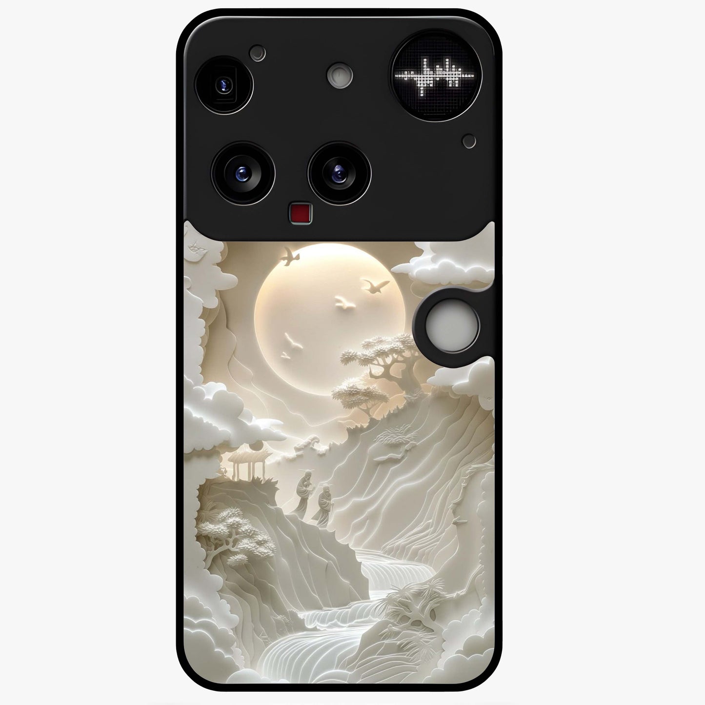 Celestial Origami Glass Case showing flat back view with artistic origami inspired celestial artwork and glossy glass finish.