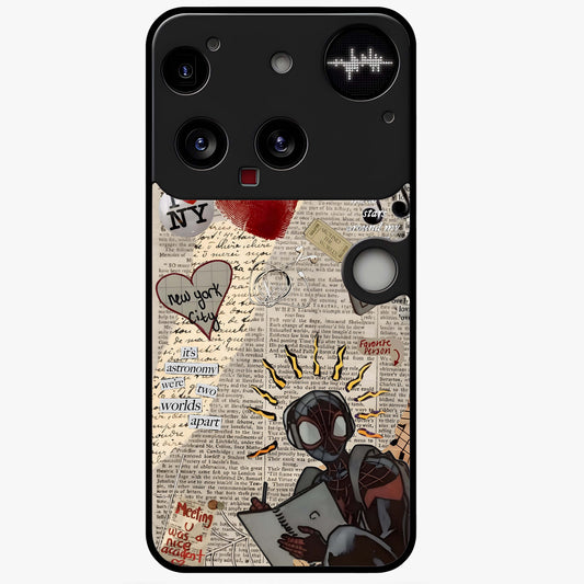 City Dream Sketch Glass Case showing flat back view with artistic city skyline sketch artwork and glossy glass finish.