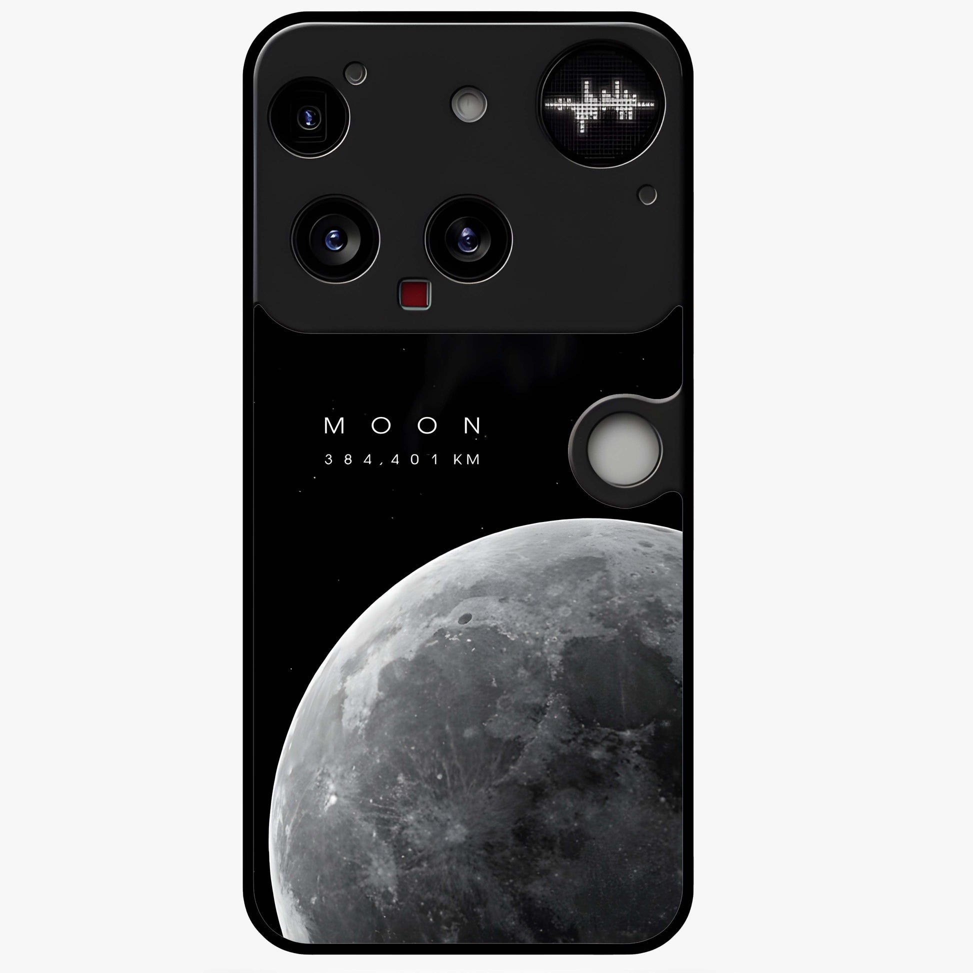 Cosmic Moon Glow Glass Case showing flat back view with glowing moon artwork and glossy glass finish.