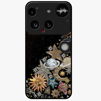 Cosmic Sparkle Dreams Glass Case showing flat back view with sparkling cosmic artwork and glossy glass finish.