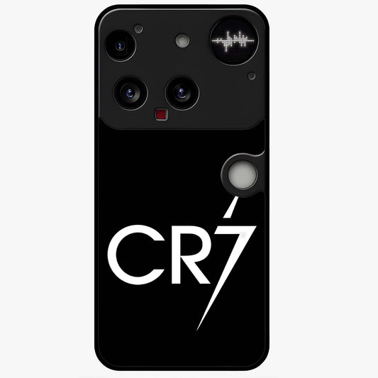 Cr7 Elite Strike Glass Case showing flat back view with dynamic football inspired artwork and glossy glass finish.