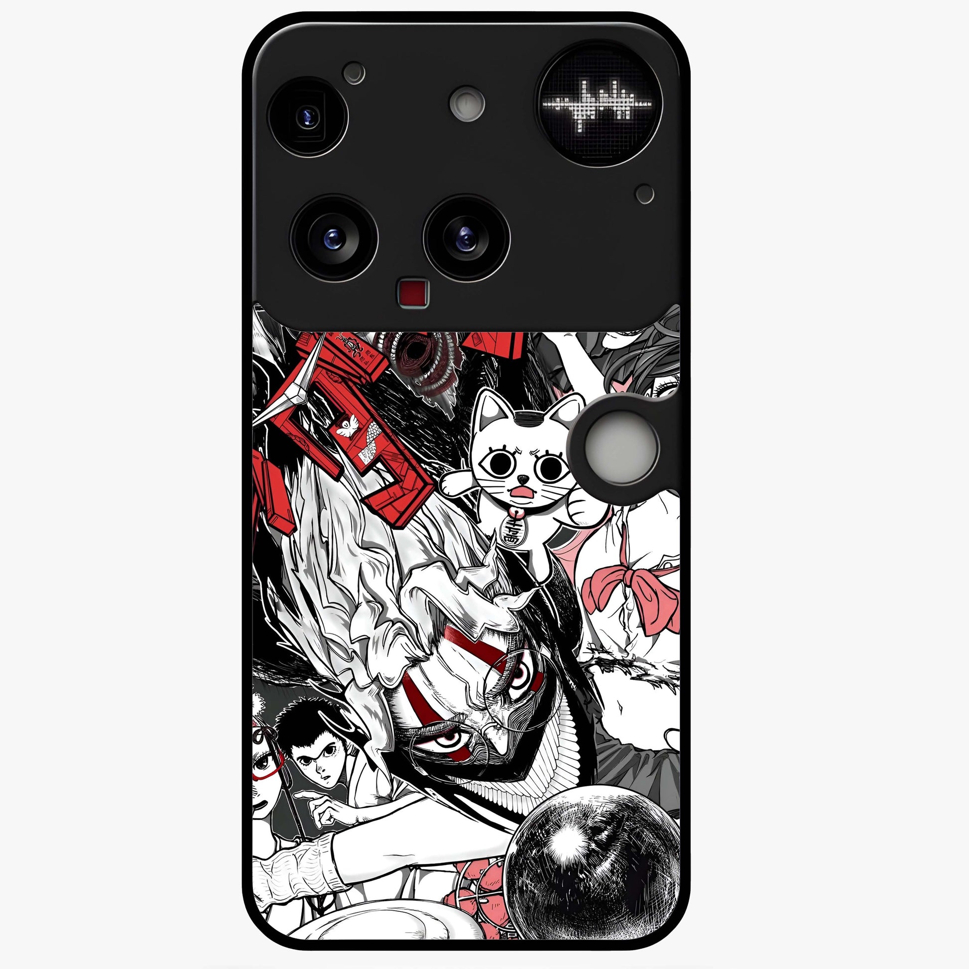 Crimson Chaos Panel Glass Case showing flat back view with bold crimson abstract artwork and glossy glass finish.