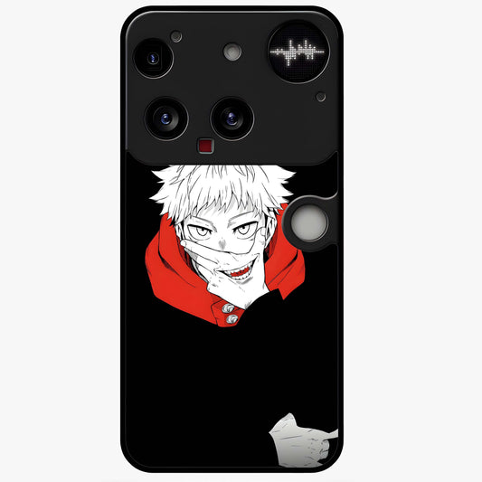 Crimson Chaos Smile Glass Case showing flat back view with bold chaotic smile artwork and glossy glass finish.