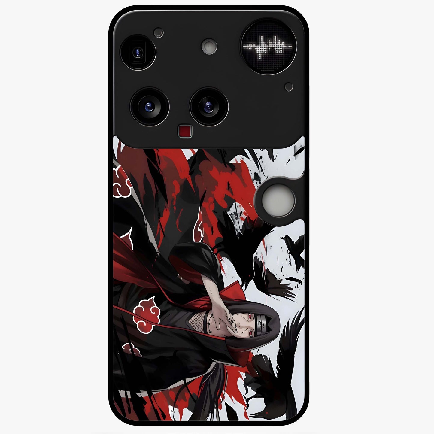 Crimson Crow Illusion Glass Case showing flat back view with artistic crow illusion artwork and glossy glass finish.