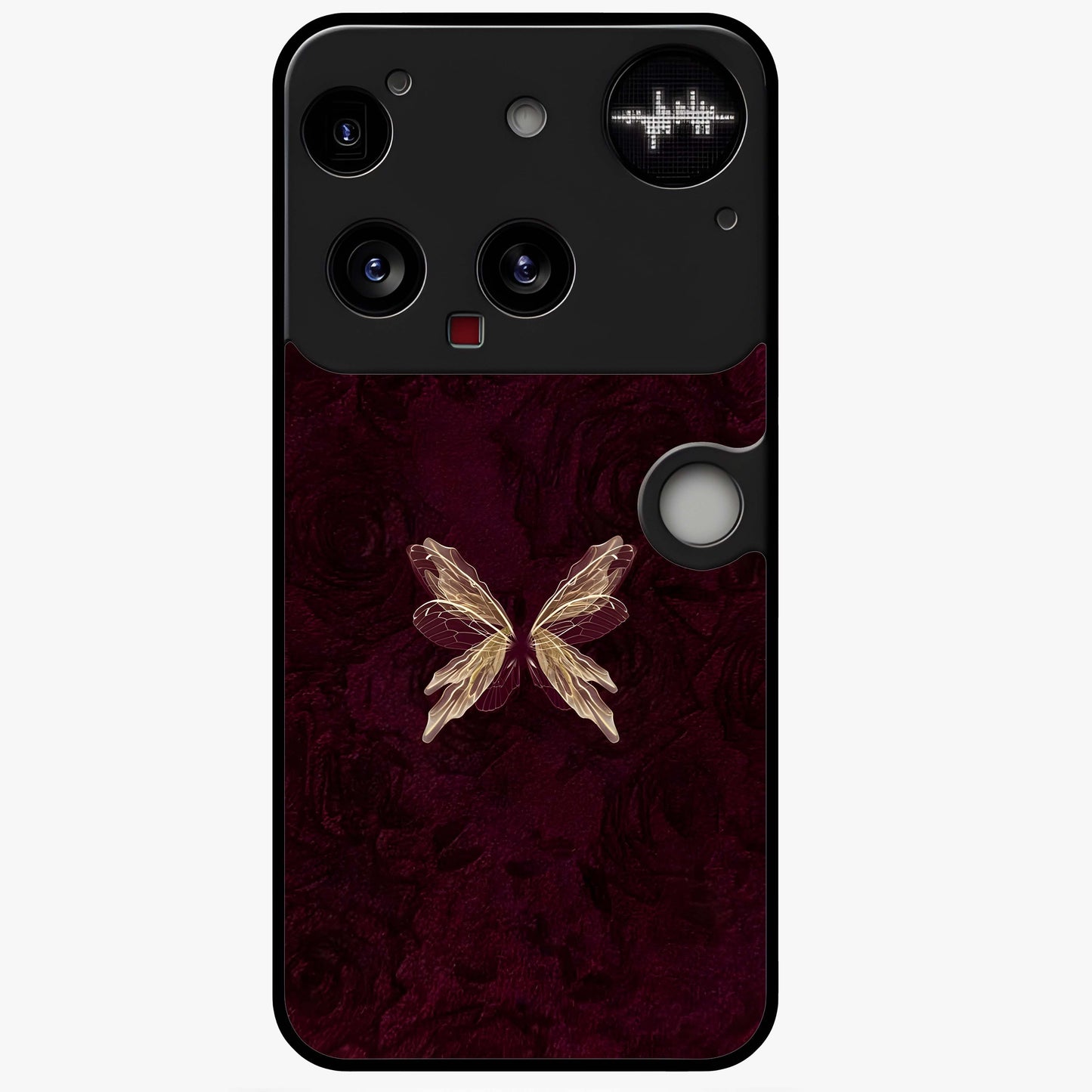 Crimson Fade Butterfly Glass Case showing flat back view with fading butterfly artwork and glossy glass finish.