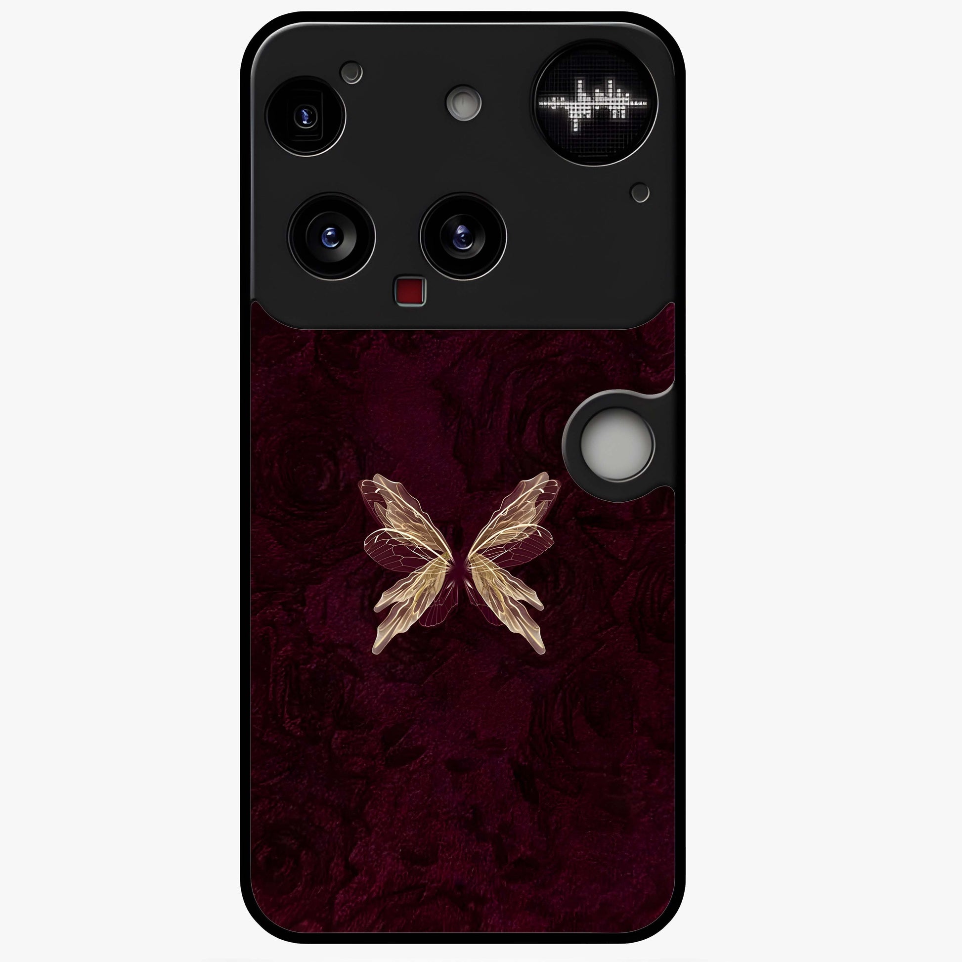 Crimson Fade Butterfly Glass Case showing flat back view with fading butterfly artwork and glossy glass finish.