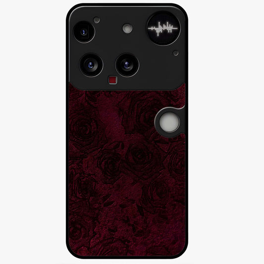 Crimson Fade Flow Glass Case showing flat back view with flowing crimson gradient artwork and glossy glass finish.