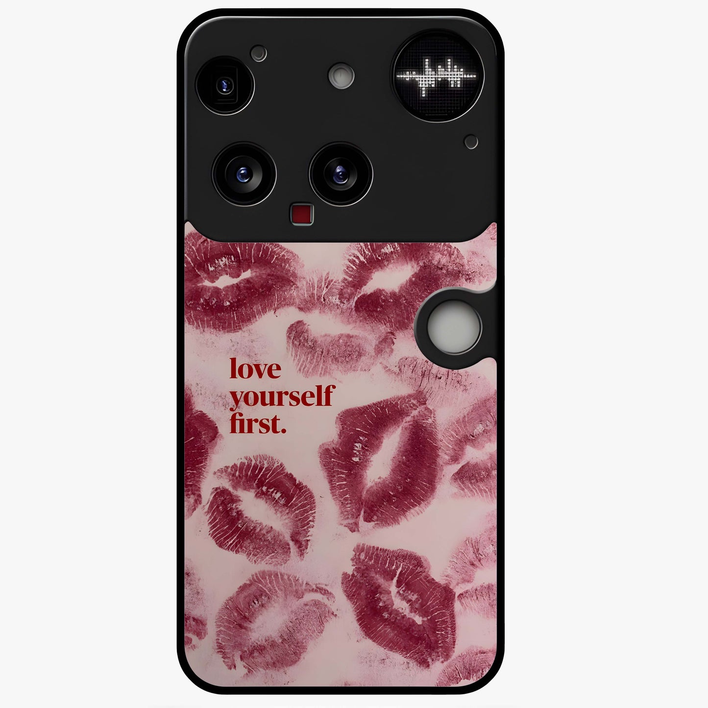 Crimson Kiss Love Glass Case showing flat back view with romantic crimson themed artwork and glossy glass finish.