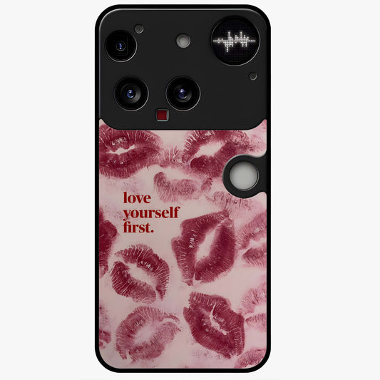 Crimson Kiss Love Glass Case showing flat back view with romantic crimson themed artwork and glossy glass finish.