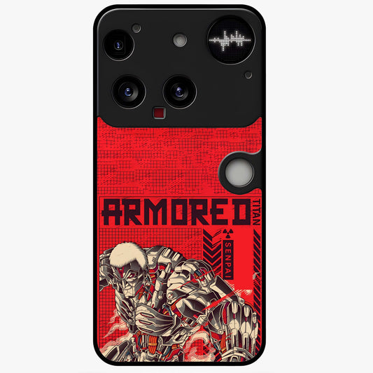 Crimson Mecha Titan Glass Case showing flat back view with powerful mech titan artwork and glossy glass finish.