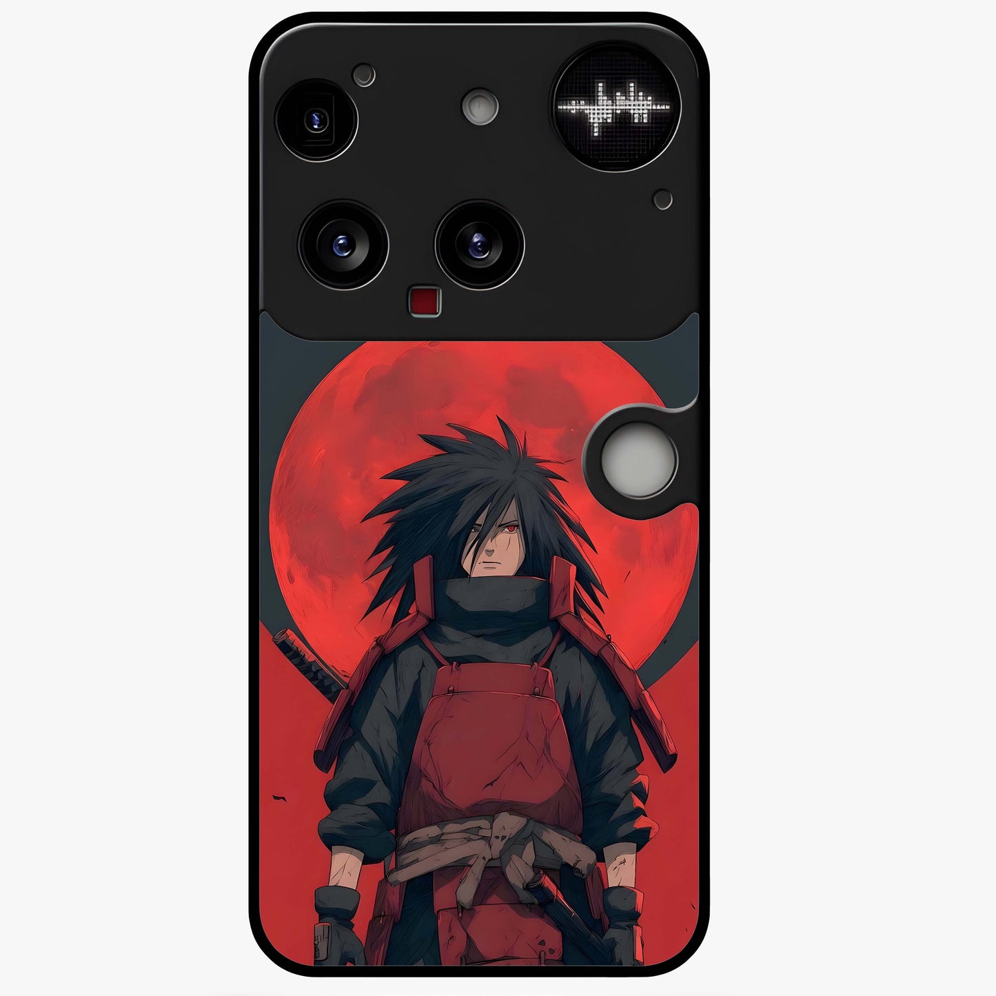 Crimson Moon Warlord Glass Case showing flat back view with mystical moon warrior artwork and glossy glass finish.