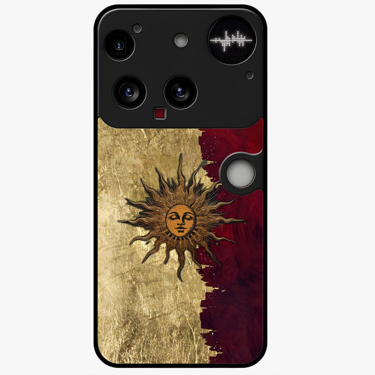 Crimson Sun Majesty Glass Case showing flat back view with radiant sun inspired artwork and glossy glass finish.