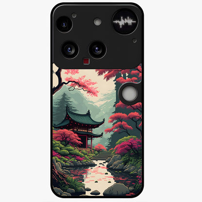 Crimson Temple View Glass Case showing flat back view with temple inspired artwork and glossy glass finish.