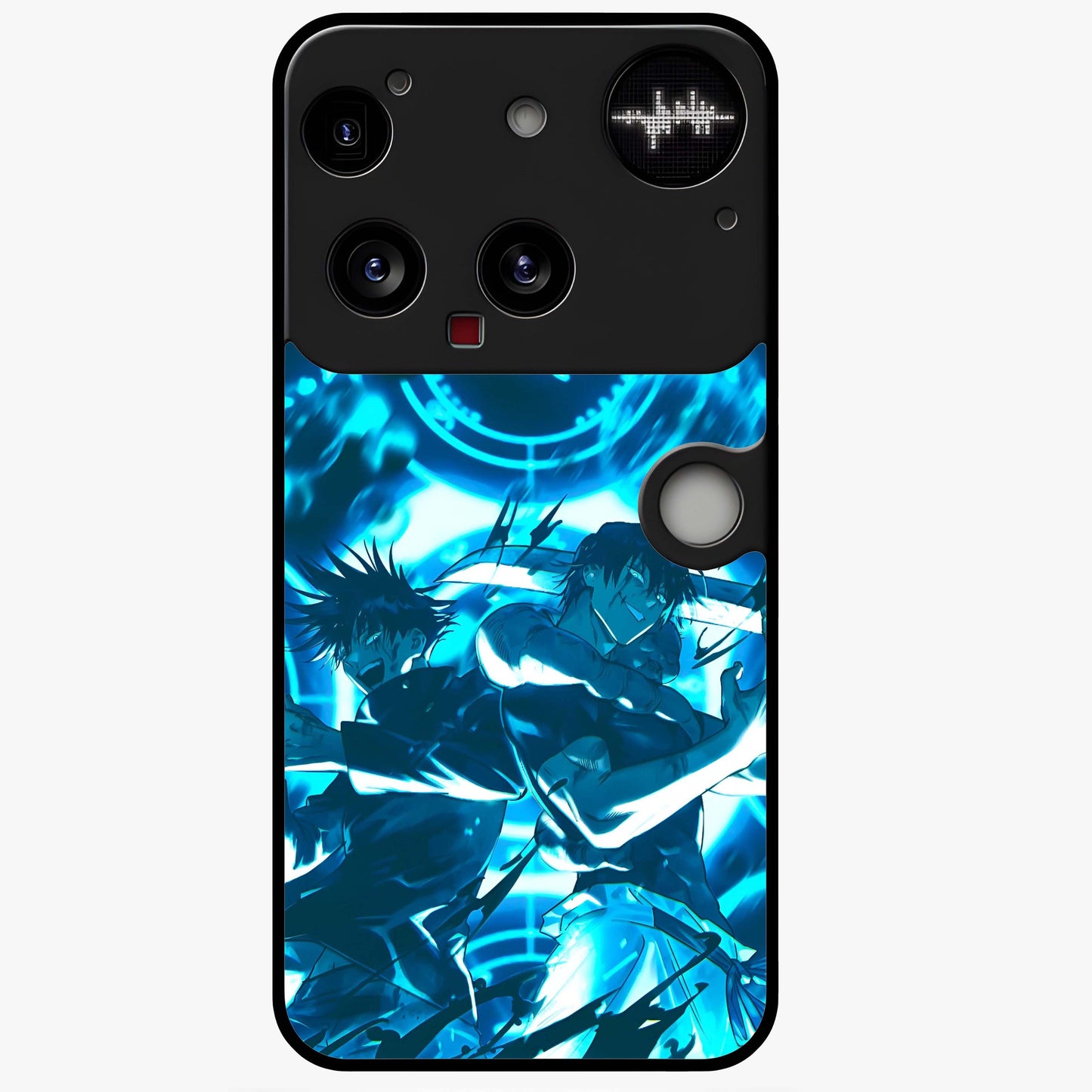Cursed Energy Clash Glass Case showing flat back view with intense cursed energy artwork and glossy glass finish.