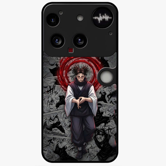 Cursed Ritual Ascension Glass Case showing flat back view with dark ritual themed artwork and glossy glass finish.