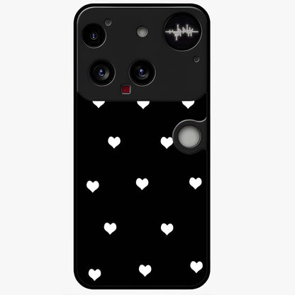 Cute And Simple White Hearts Glass Case showing flat back view with minimal white heart pattern and glossy glass finish.