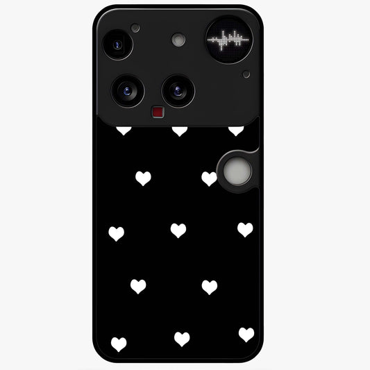 Cute And Simple White Hearts Glass Case showing flat back view with minimal white heart pattern and glossy glass finish.