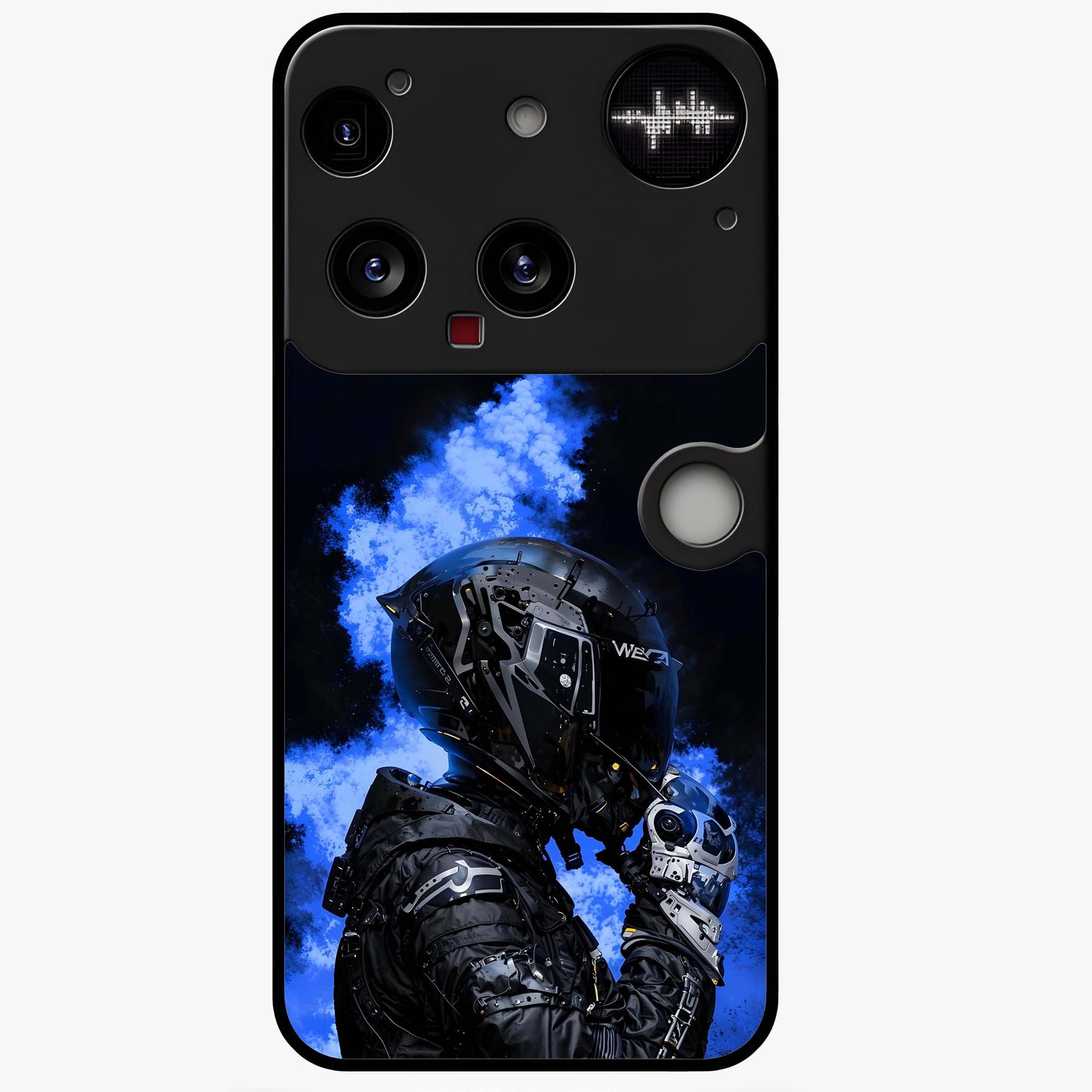 Cyber Sentinel Protocol Glass Case showing flat back view with futuristic cyber themed artwork and glossy glass finish.