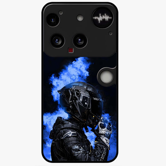 Cyber Sentinel Protocol Glass Case showing flat back view with futuristic cyber themed artwork and glossy glass finish.