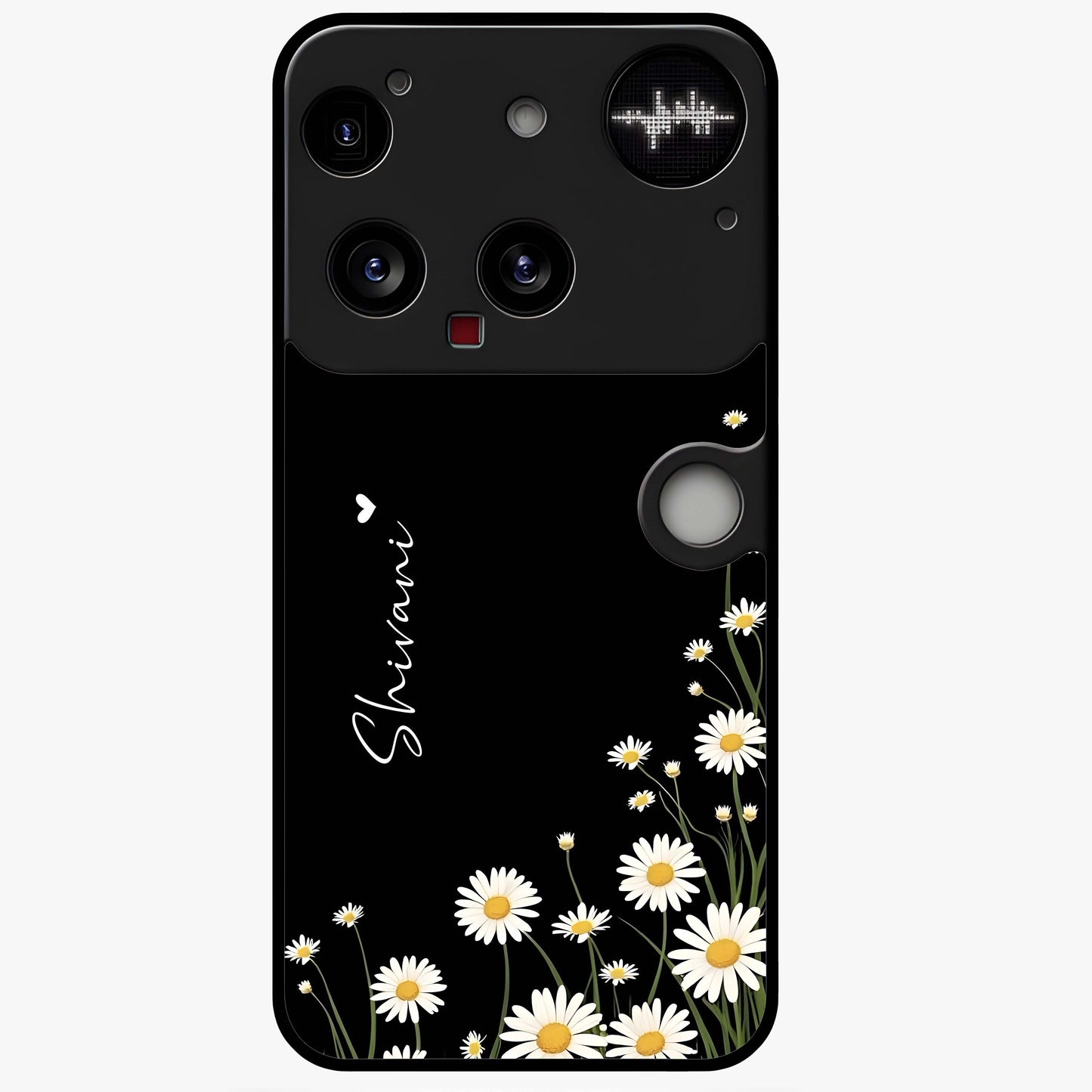 Daisy Cascade Custom Name Glass Case showing flat back view with cascading daisy flowers and personalized name design.