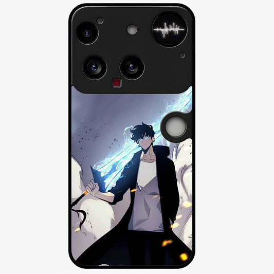 Dark Lightning Anime Warrior Glass Case showing flat back view with intense anime warrior artwork and glossy glass finish.